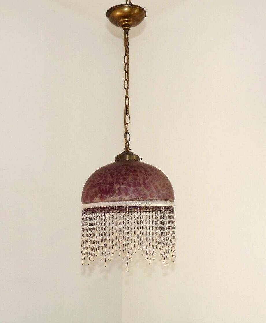 French Mid Century Purple Art Glass Ceiling Light Beaded Fringed Shade 4491