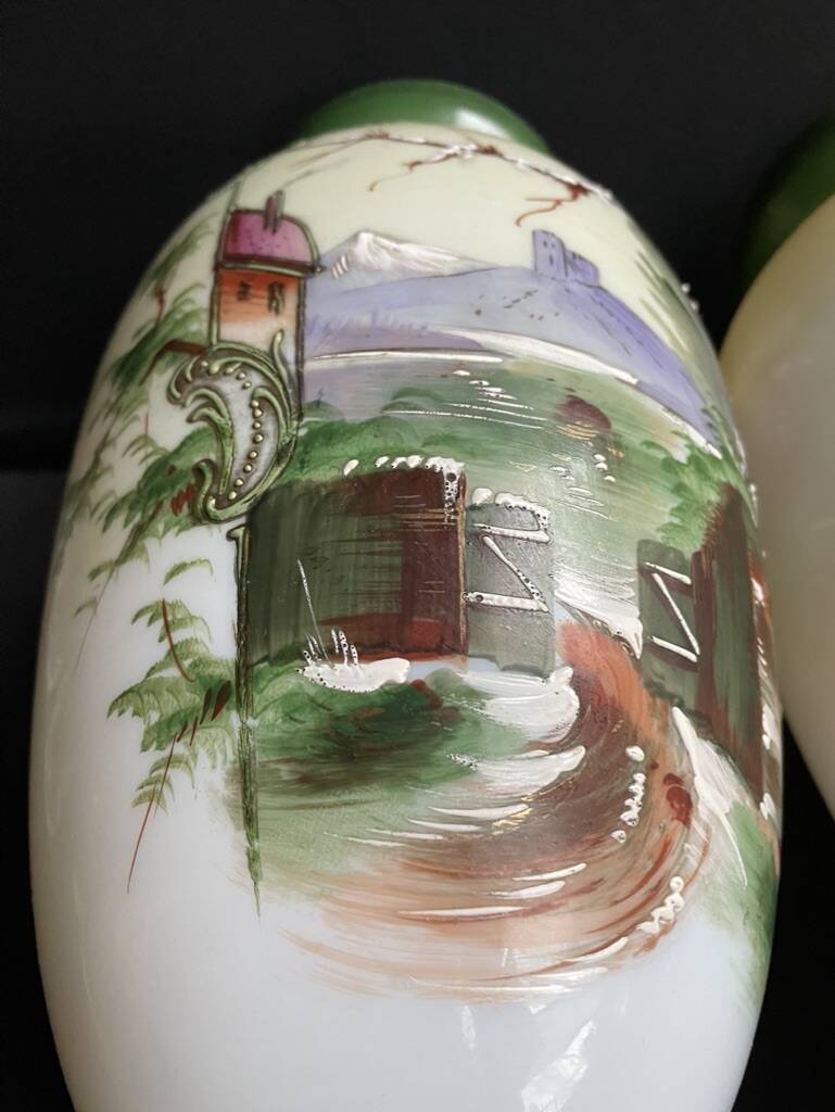 Pair of large hand-decorated opaline vases with marks on the heel – Napoleon III