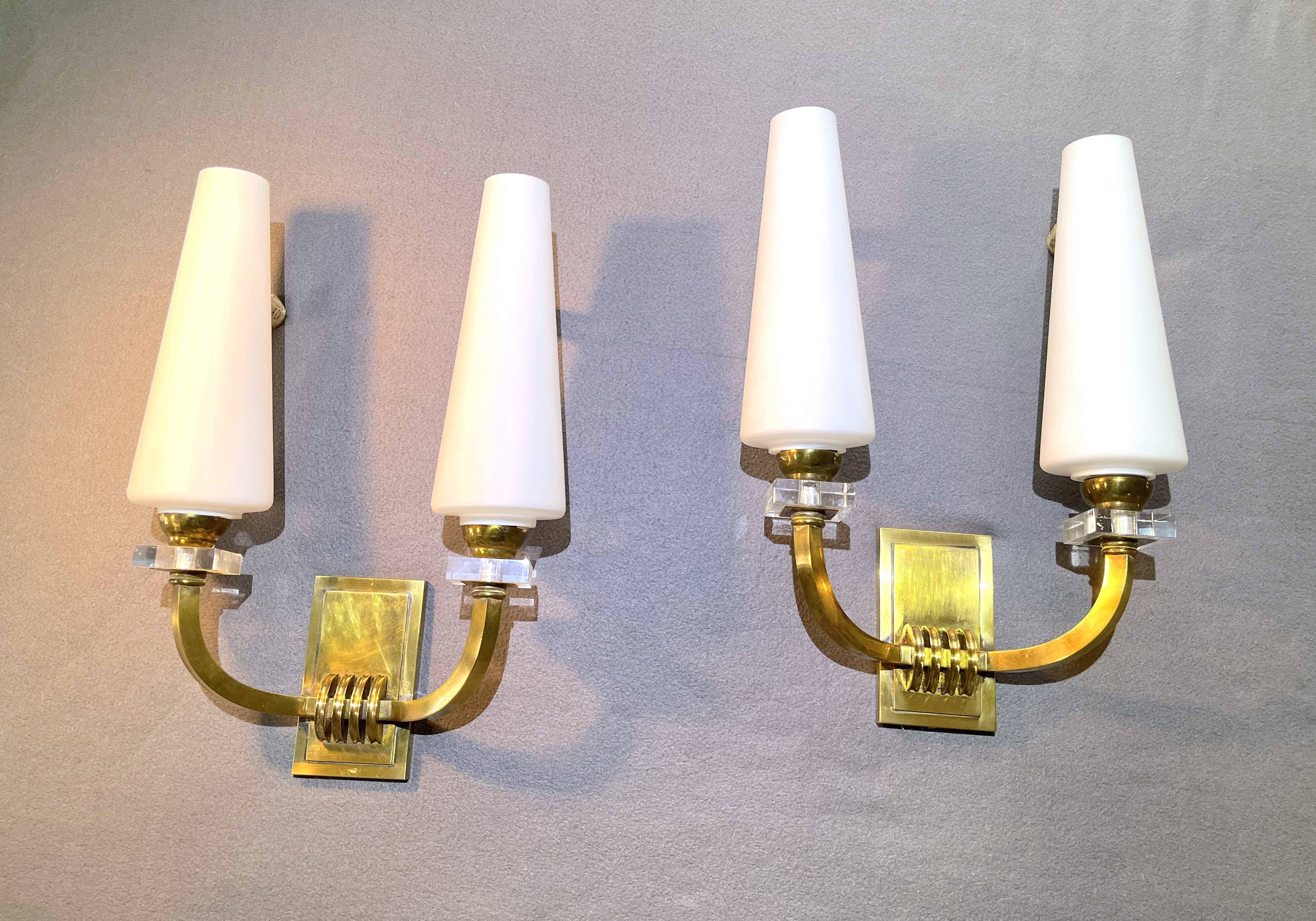 Pair of Art-Déco bronze & opaline sconces from Maison Lunel, France, 1950