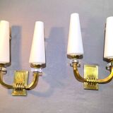 Pair of Art-Déco bronze & opaline sconces from Maison Lunel, France, 1950