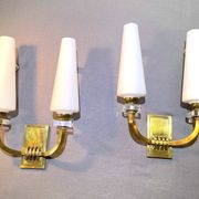 Pair of Art-Déco bronze & opaline sconces from Maison Lunel, France, 1950