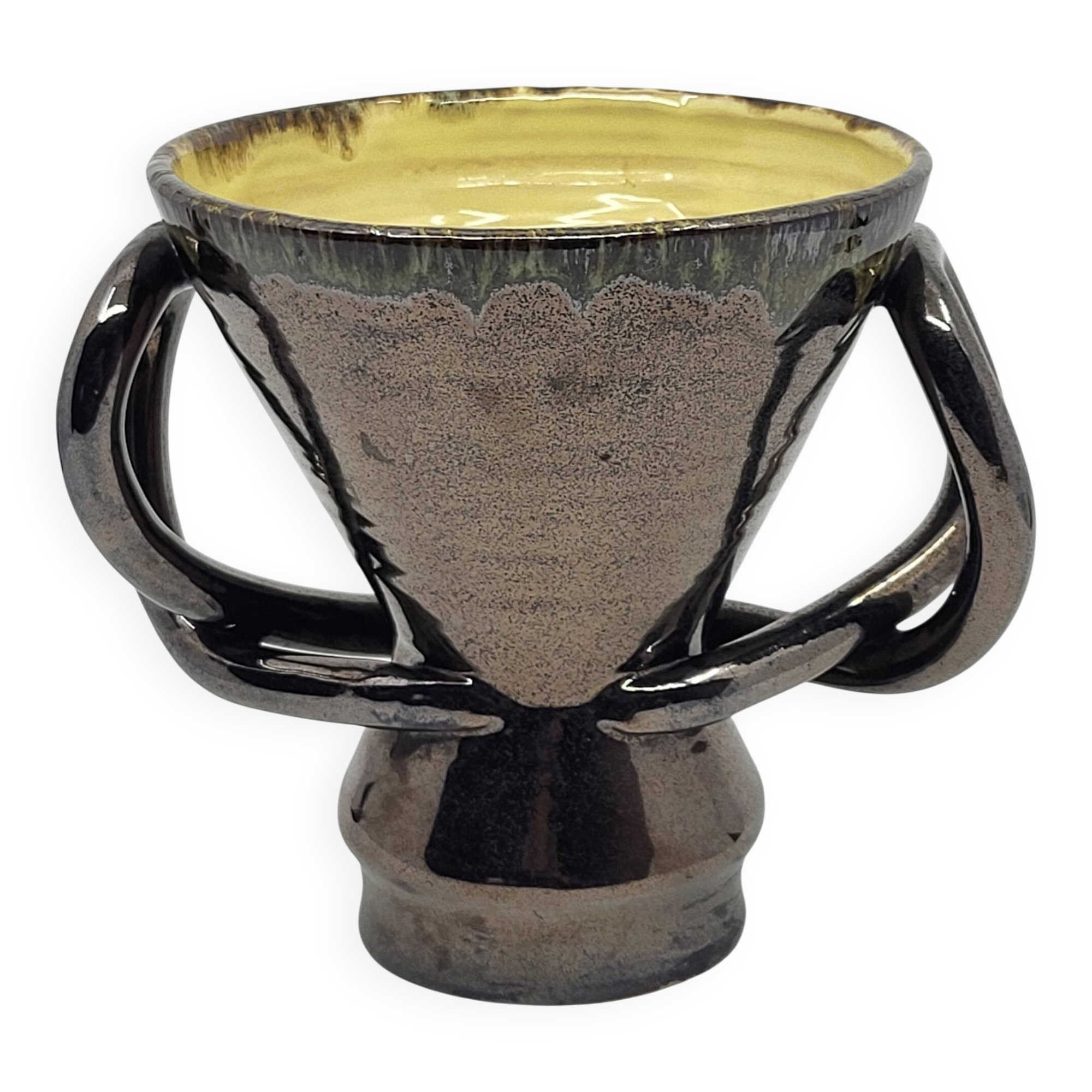 Jean Austruy ear vase in metallic black ceramic, France 1950.