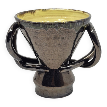 Vase à oreilles Jean Austruy en céramique Noire Métallisée France 1950