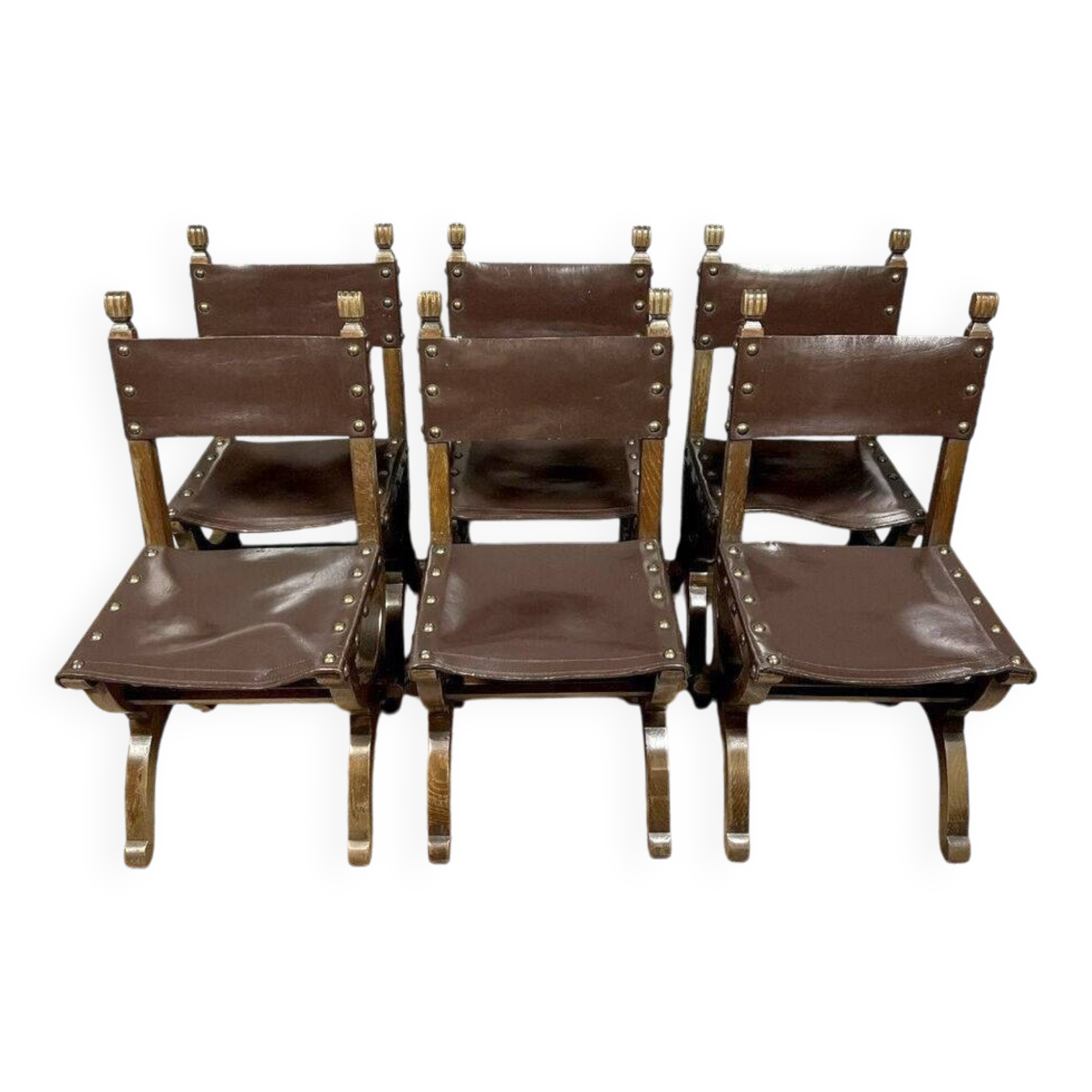 Set of 6 Renaissance style chairs in solid wood and leather, 19th century, circa 1850