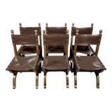 Set of 6 Renaissance style chairs in solid wood and leather, 19th century, circa 1850