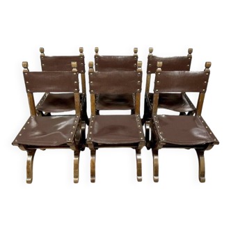 Série de 6 chaises style Renaissance en bois massif et cuir époque XIX circa 1850