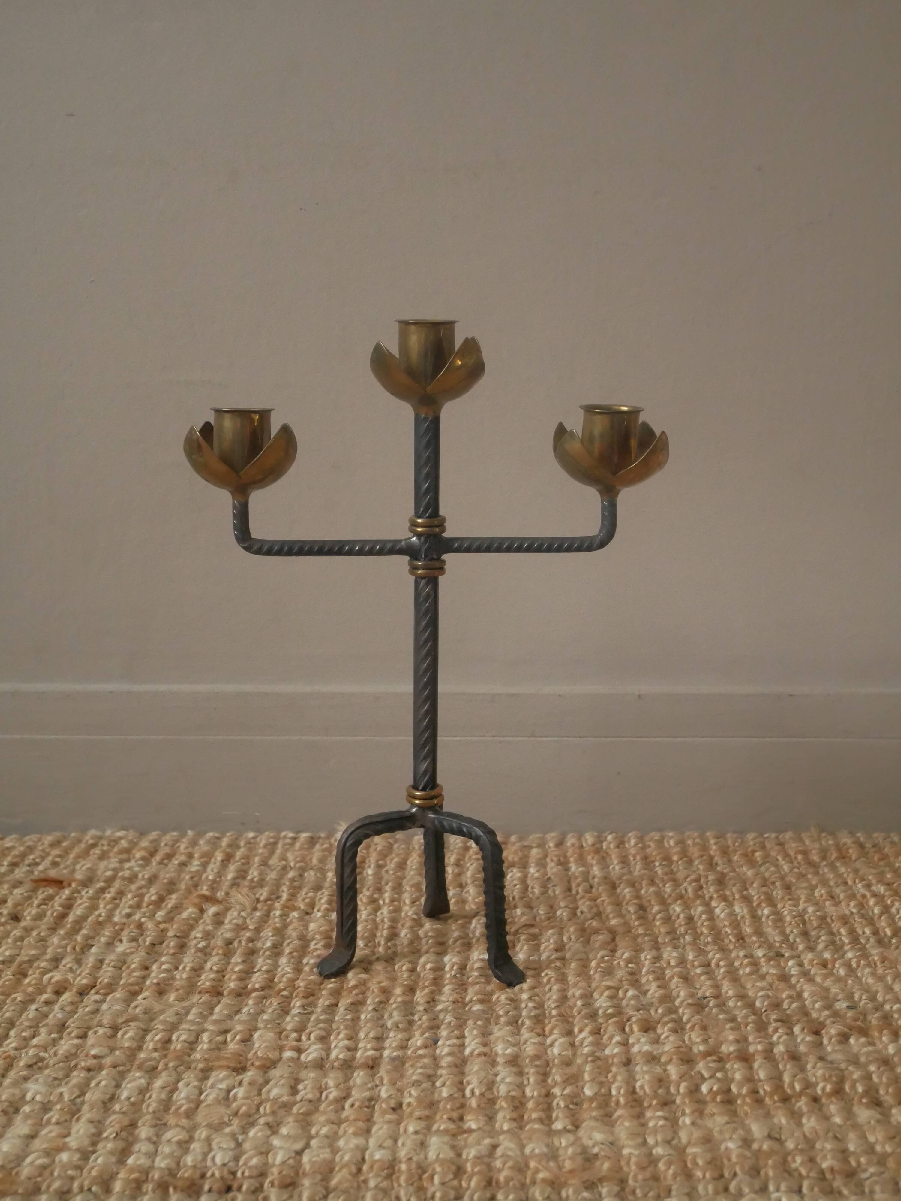 Candlestick with three branches wrought iron brass handcrafted unique piece candelabra candle holder