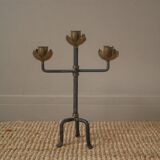 Candlestick with three branches wrought iron brass handcrafted unique piece candelabra candle holder