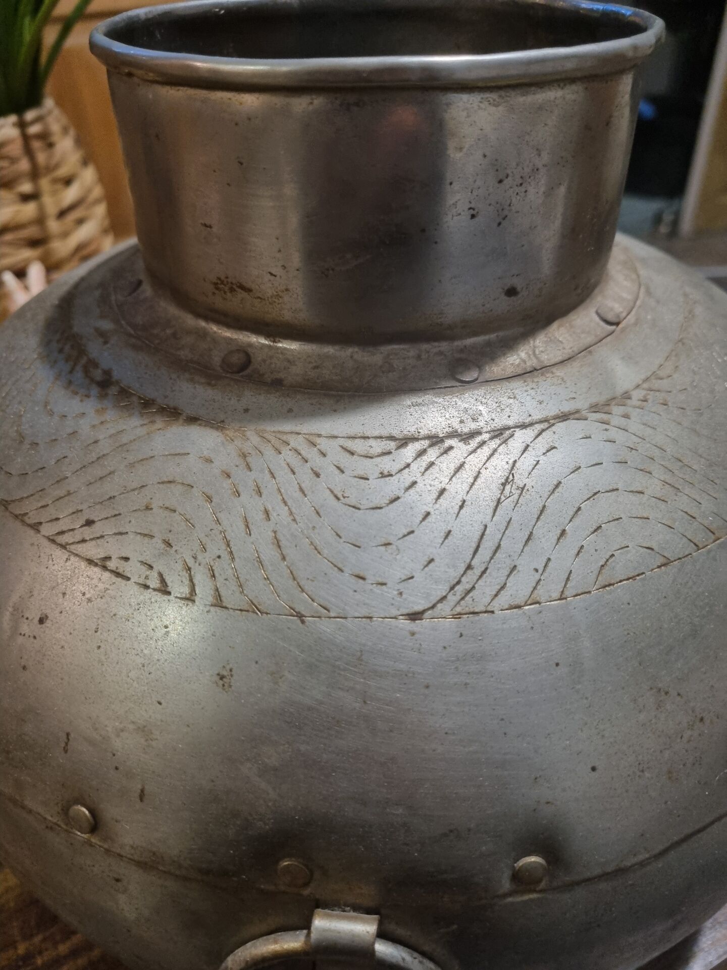 antique Indian brass tin-plated water pot vintage from Rajasthan
