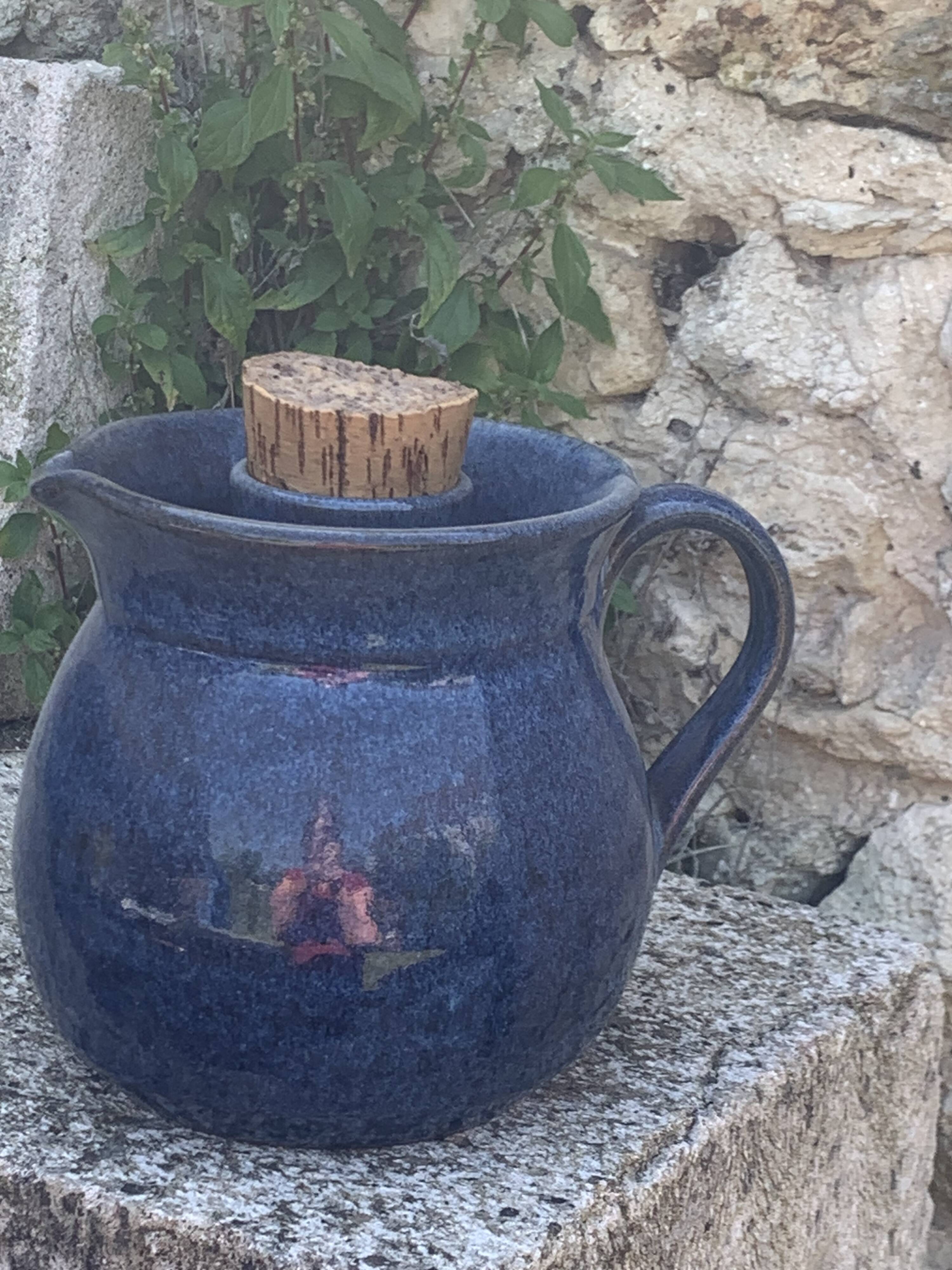 Pitcher, carafe, refreshing jug, ice cube jug, in blue glazed stoneware