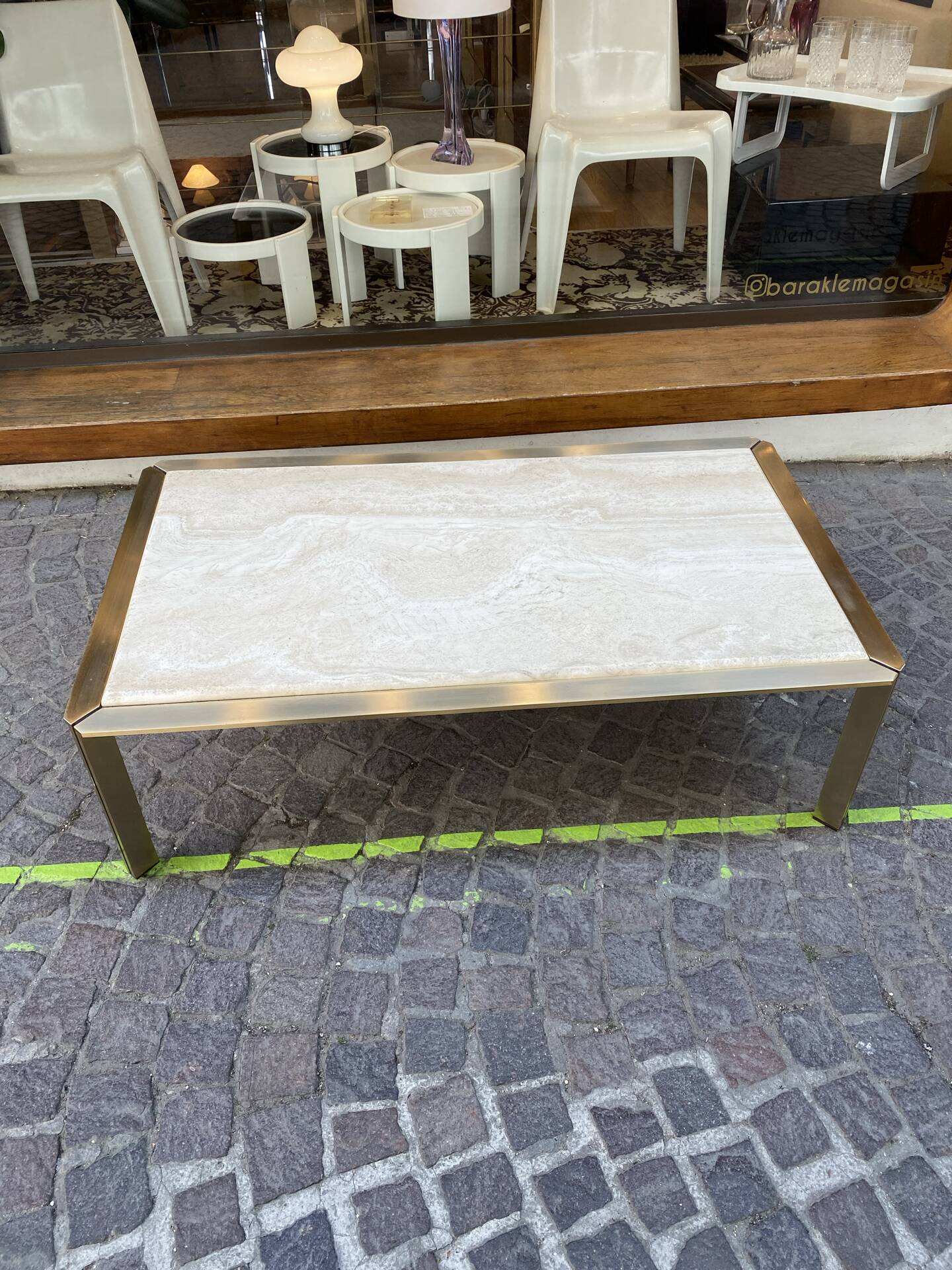 Brass and travertine coffee table