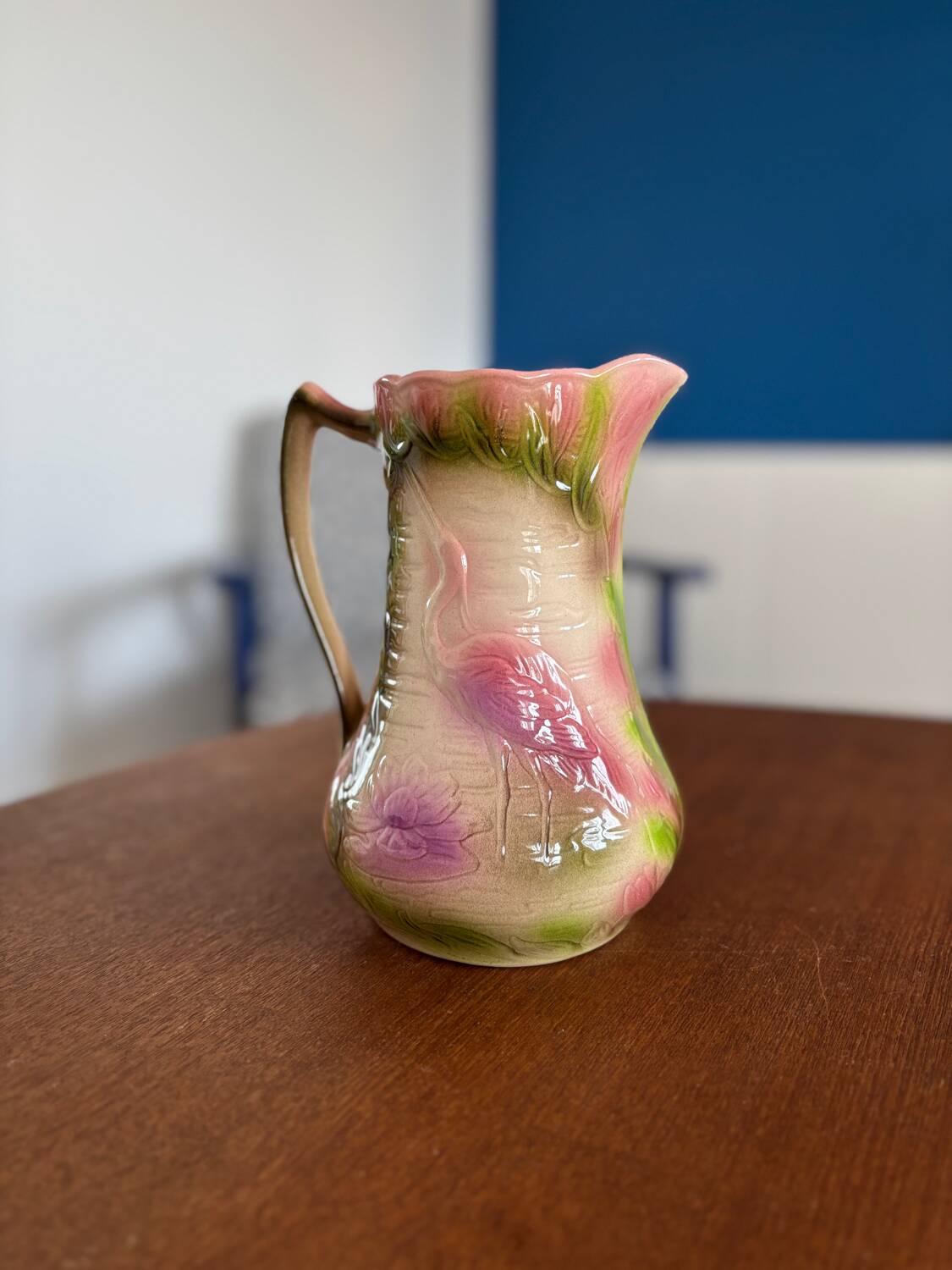 Heron and lily pitcher, St Clément factory, 1920s - vintage water carafe