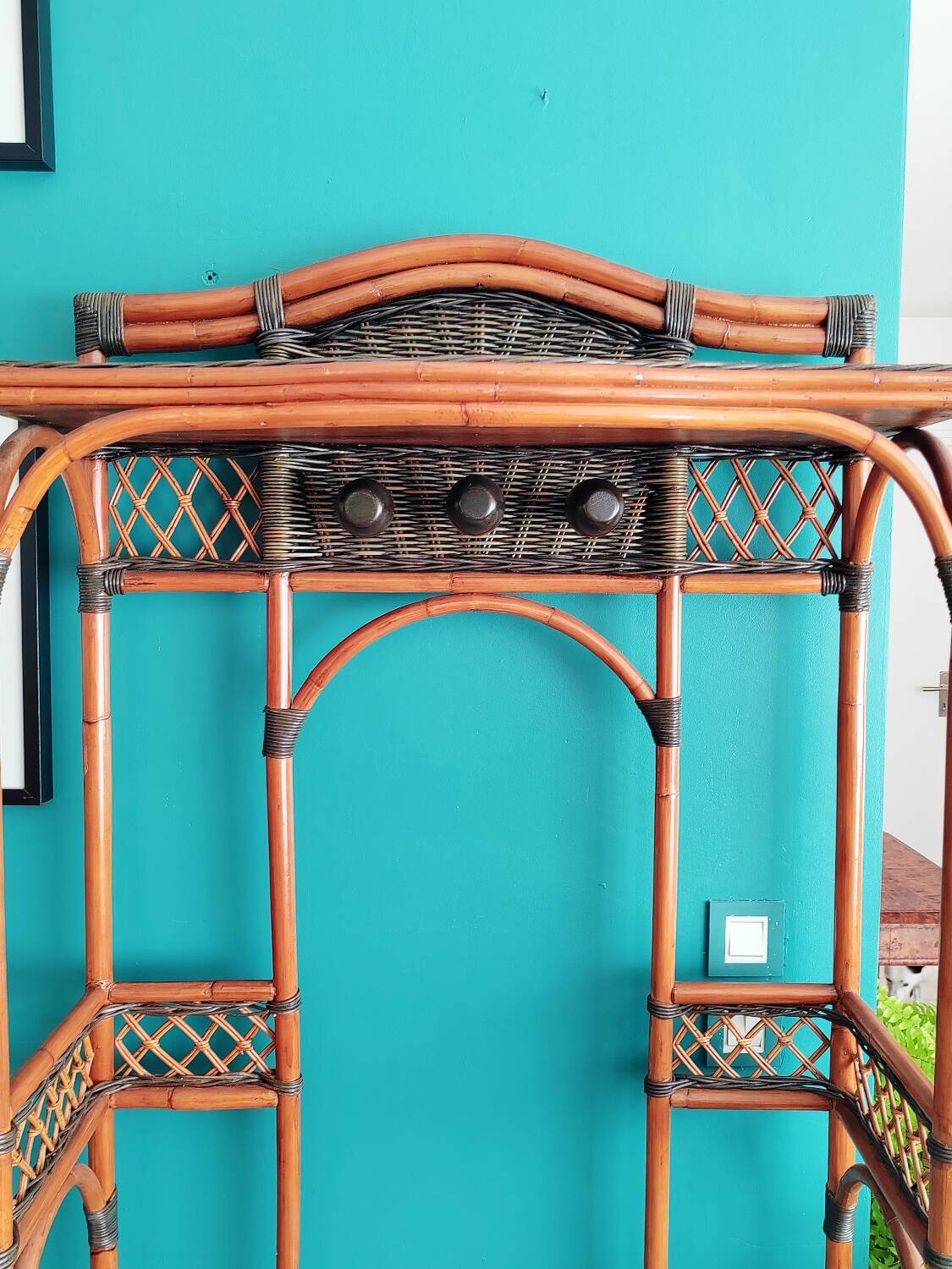 Antique rattan and bamboo coat rack