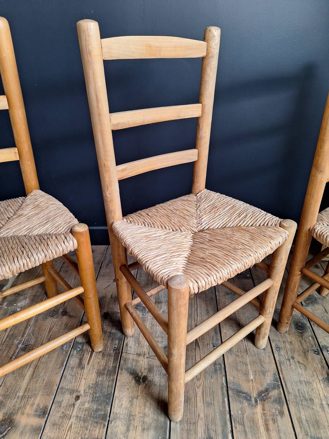 3 vintage straw chairs, antique seating furniture