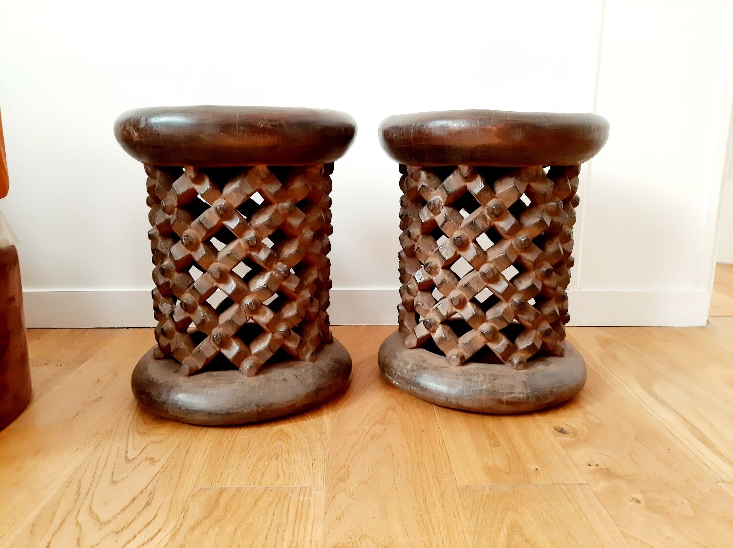 Set of 2 African Bamilike Cameroon stools, year 1950