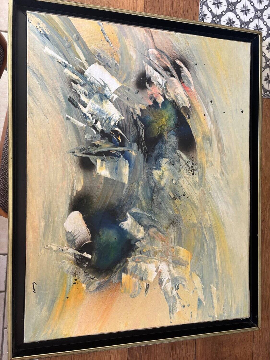 Abstract Lyrical Tableau Oil on Canvas Black and Gold Frame 1960s