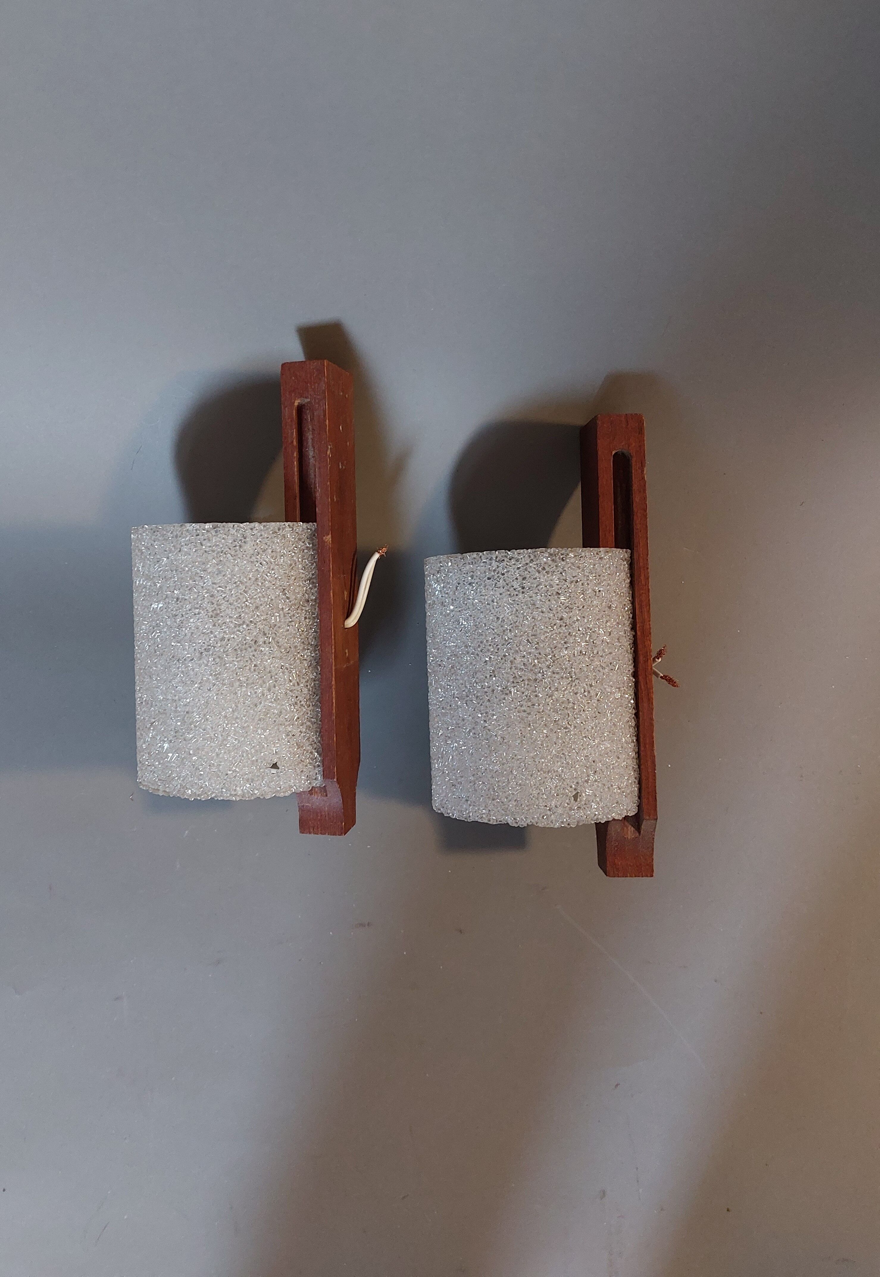 Pair of Scandinavian teak and perspex sconces Vintage 1960