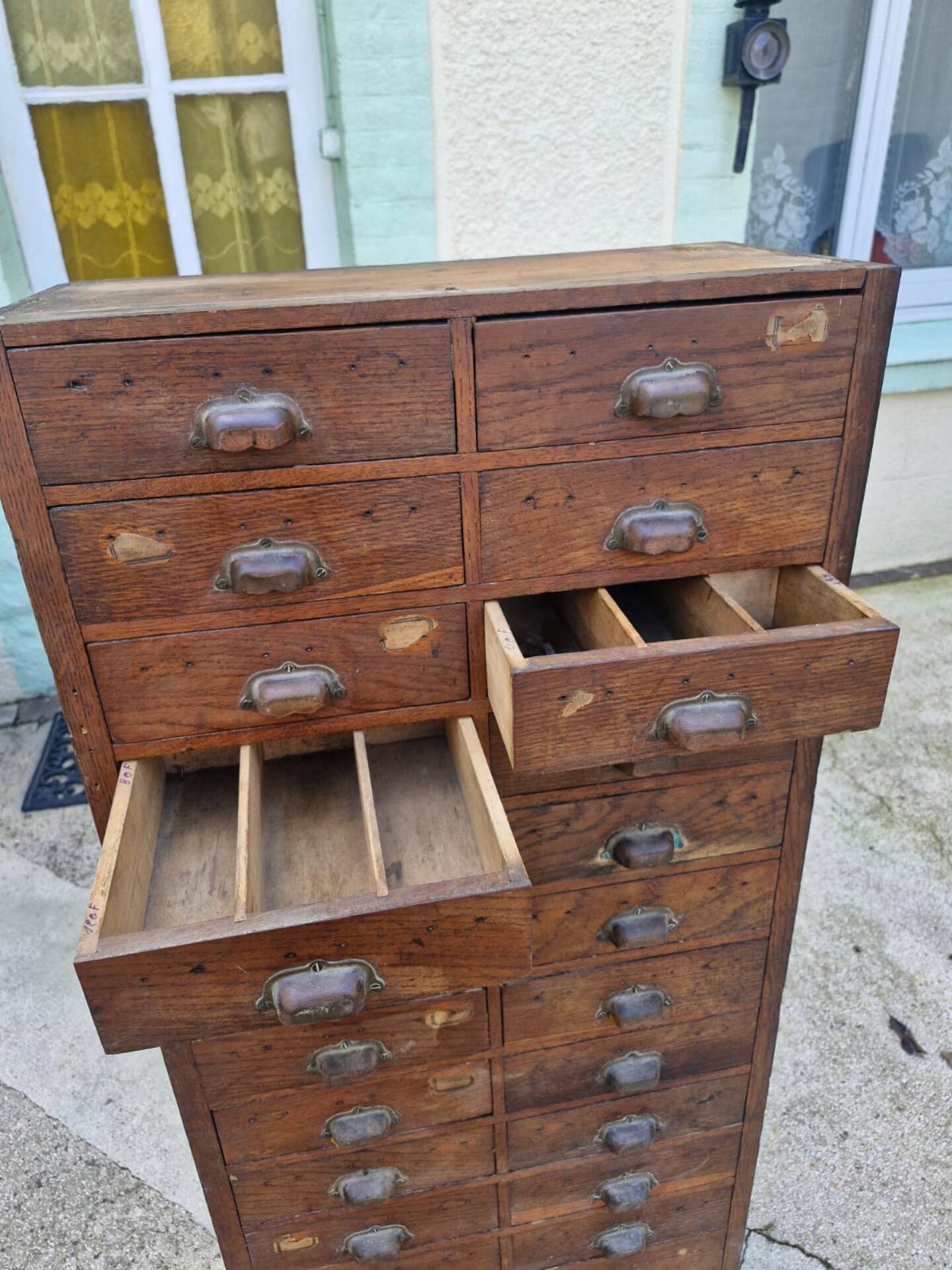 Old workshop cabinet with 28 oak drawers – workshop furniture