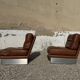 Salon complet en aluminium brossé et cuir marron, France 1970