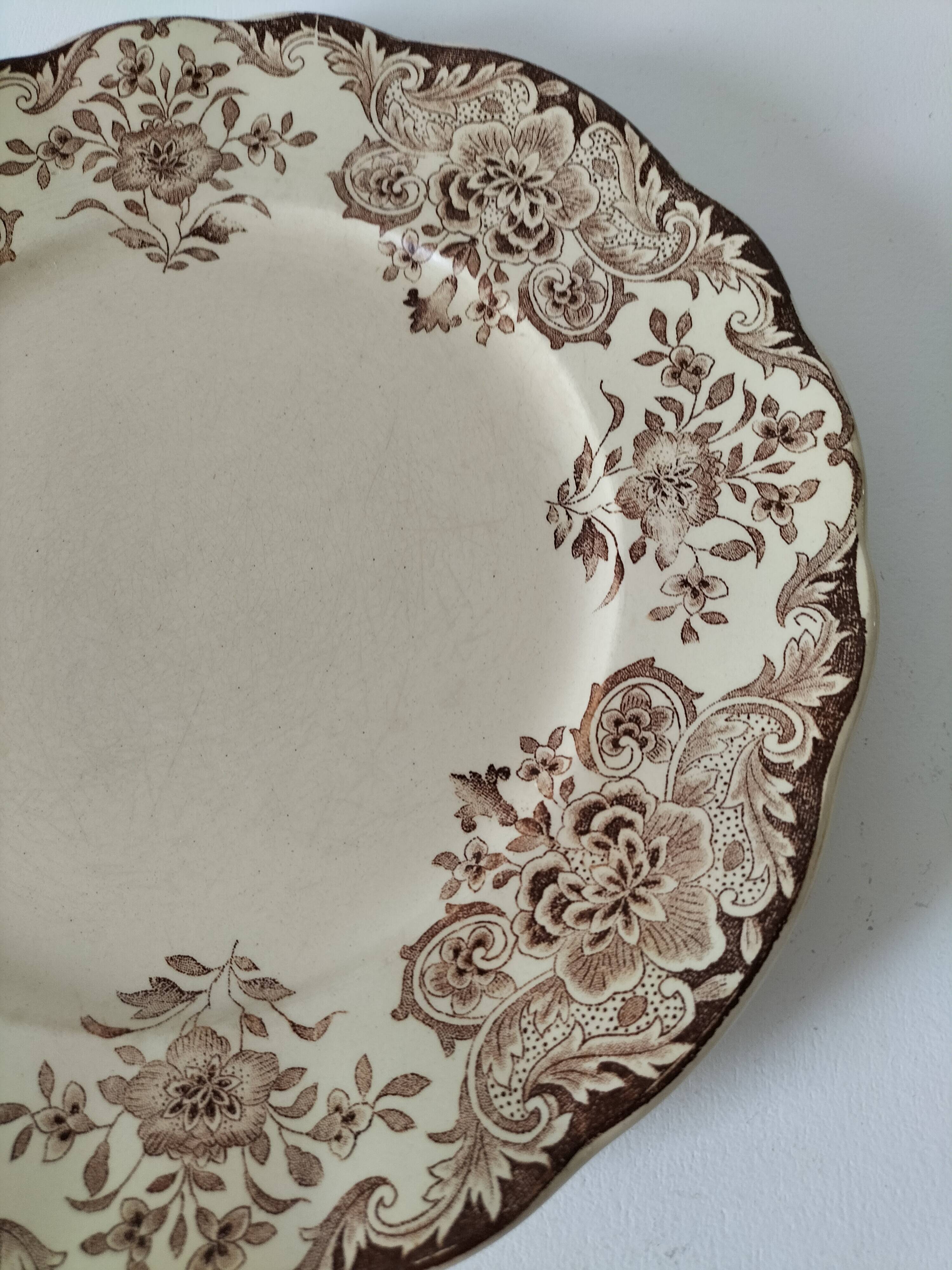 Antique earthenware plate – brown floral decoration – late 19th, early 20th century