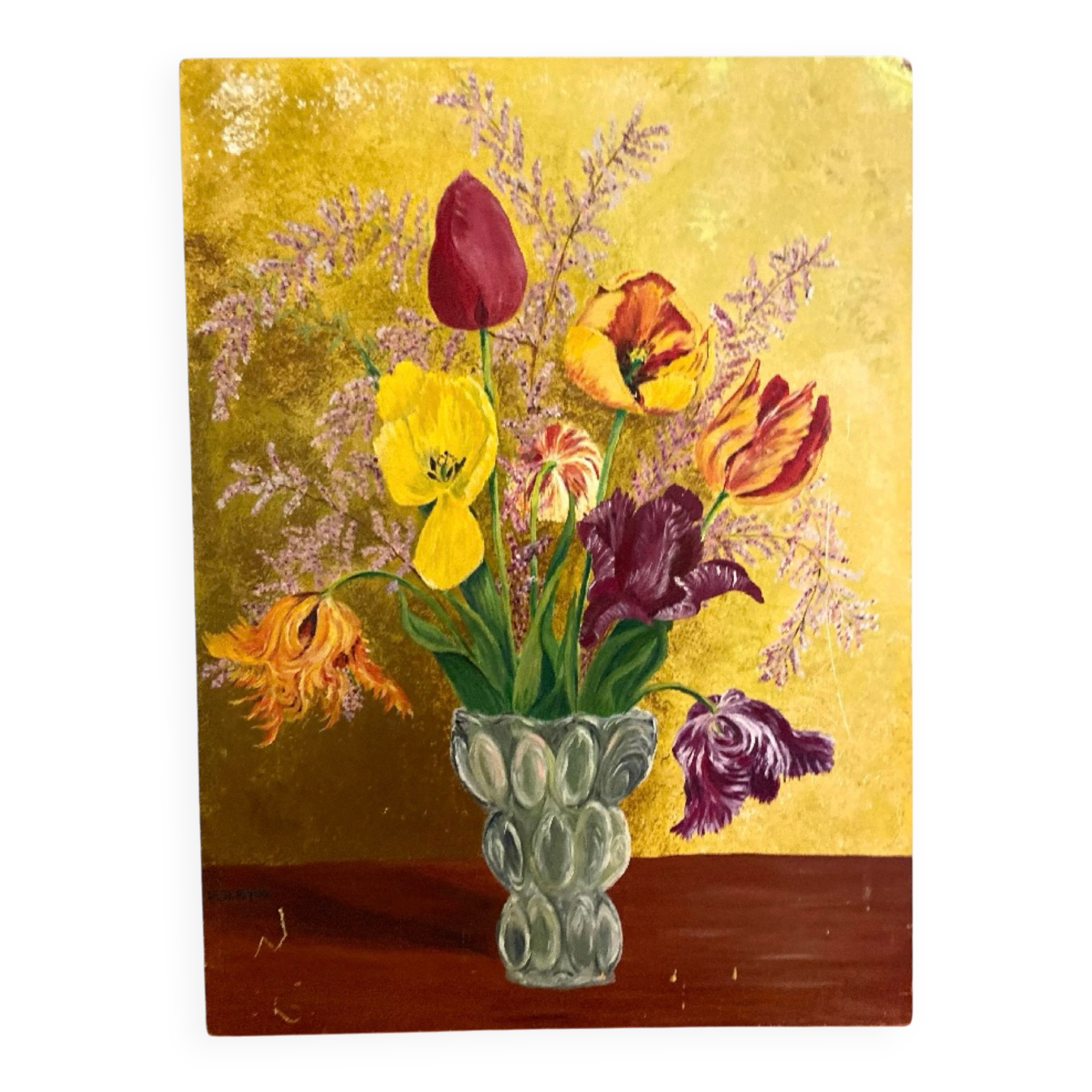 Bouquet of tulips on a golden background — Oil on panel