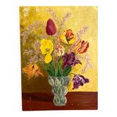 Bouquet de tulipes au fond doré — Huile sur panneau