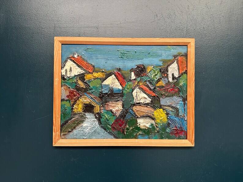Original Swedish Oil on Panel – "Village Scene (Thick Impasto)" – Signed – Vintage and Framed