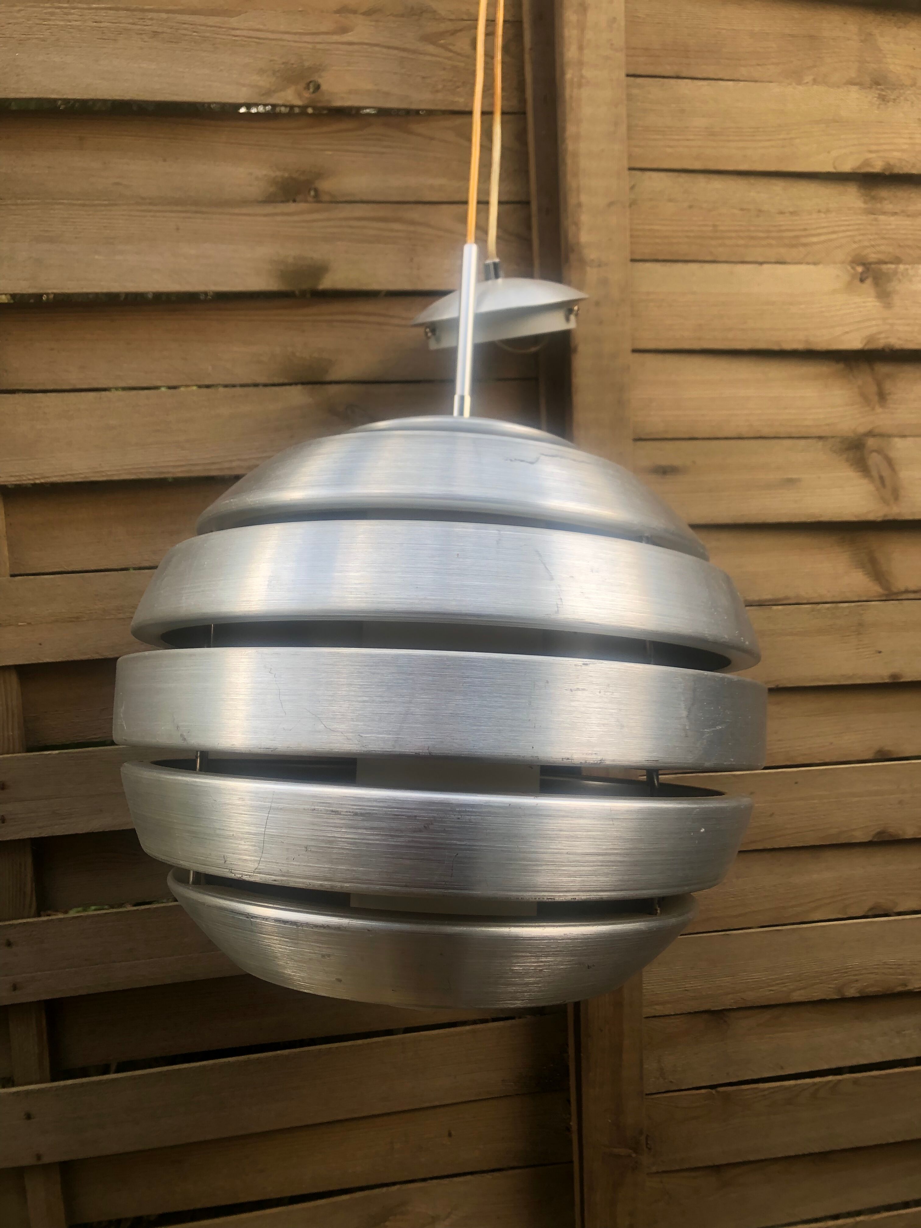 Polished steel pendant lamp with opaline cone 70s