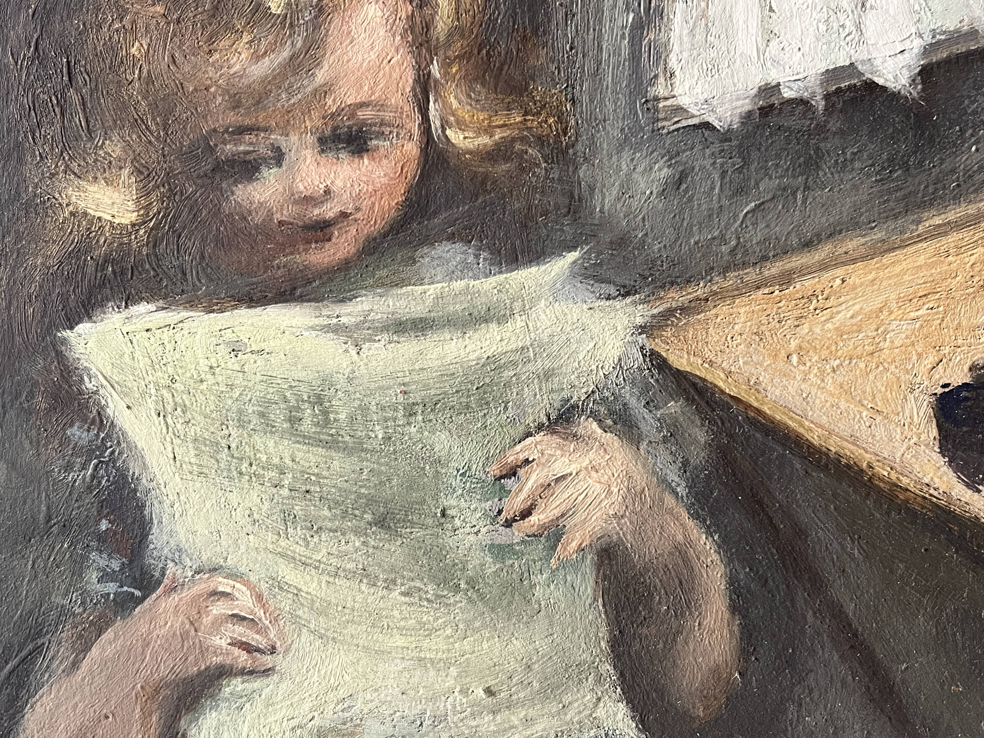 Oil painting of an interior scene 1940, portrait of children signed