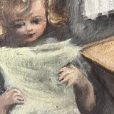 Oil painting of an interior scene 1940, portrait of children signed