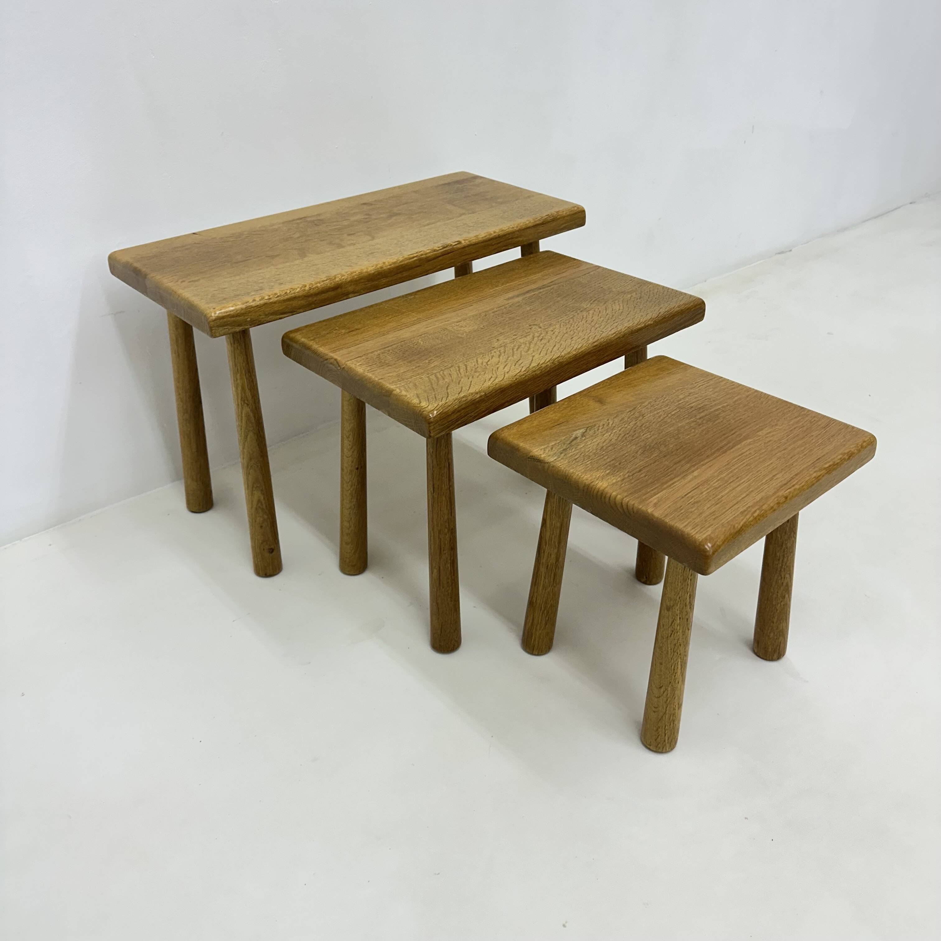 Set of nesting tables solid oak wood brutalist , 1970s
