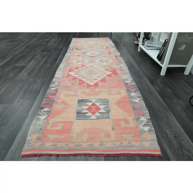 1970s Vintage Turkish Handmade Wool & Cotton Pink Runner Rug 94x306