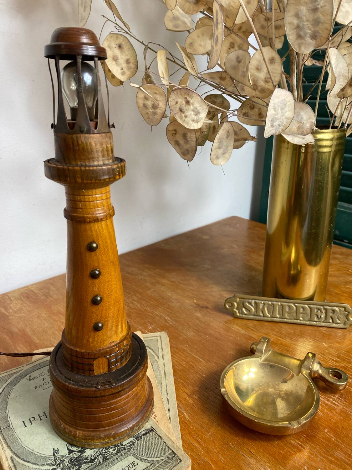 Vintage wooden marine lighthouse lamp