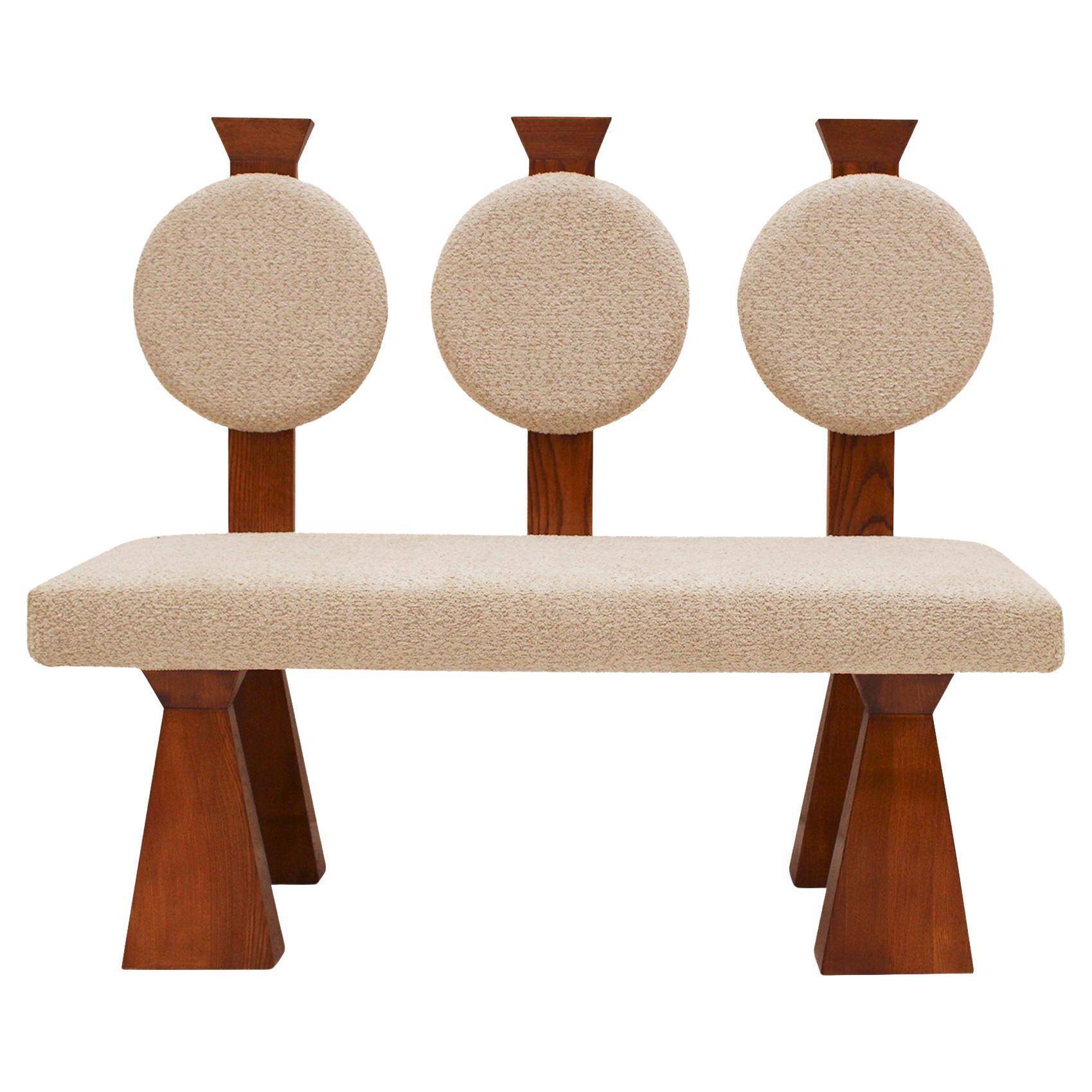 Contemporary Wooden Bench with Triple Circular Backrest Bouclé Upholstery, Italy