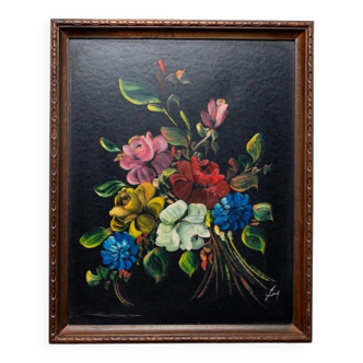 Original vintage oil painting: multicolore flower bouquet on wood frame, Italy 1960s
