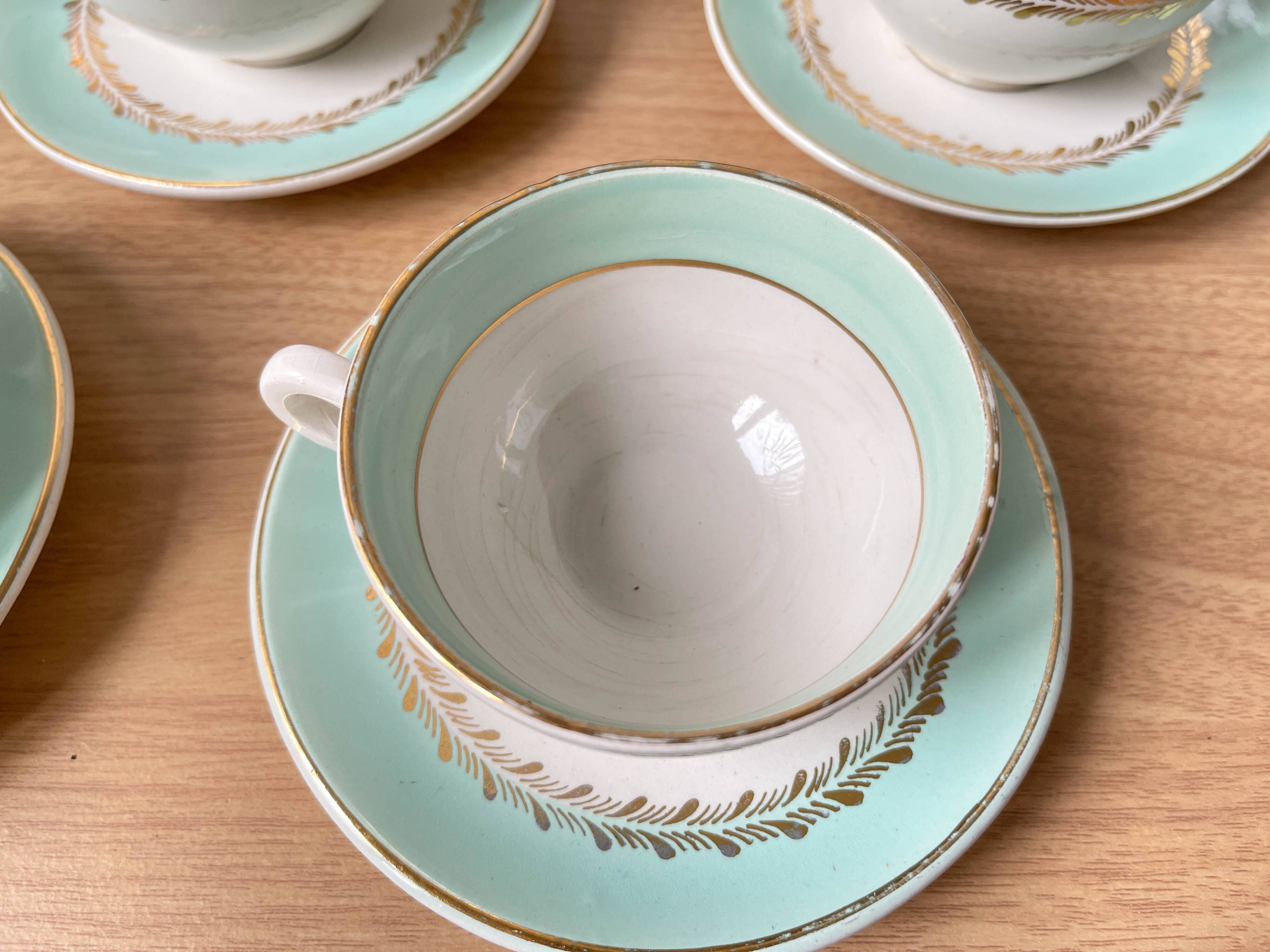 Vintage tea/coffee service in white green gold porcelain LUNEVILLE made in France