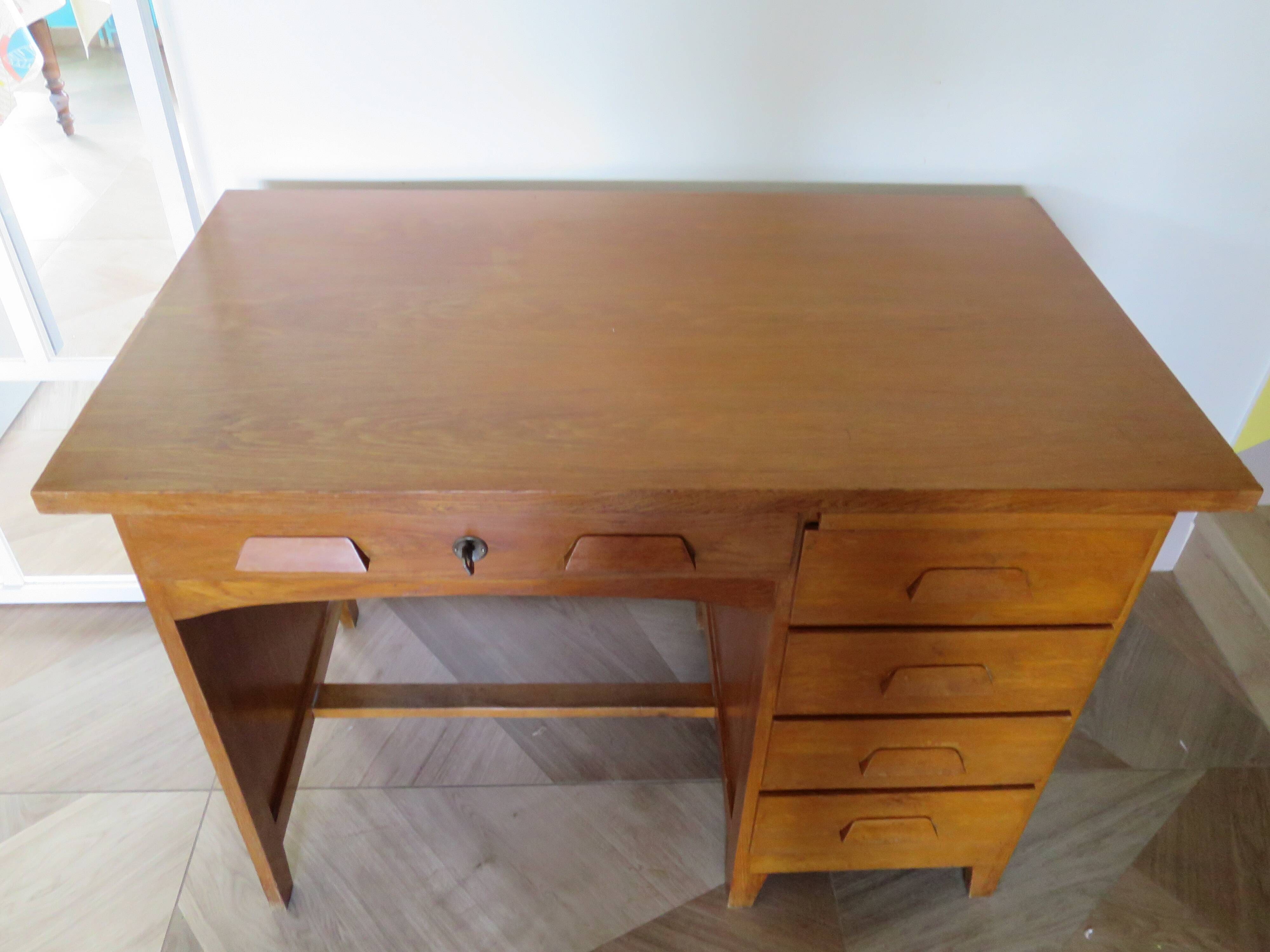 Vintage modernist desk - 5 drawers - shelf - 1950s - closure mechanism