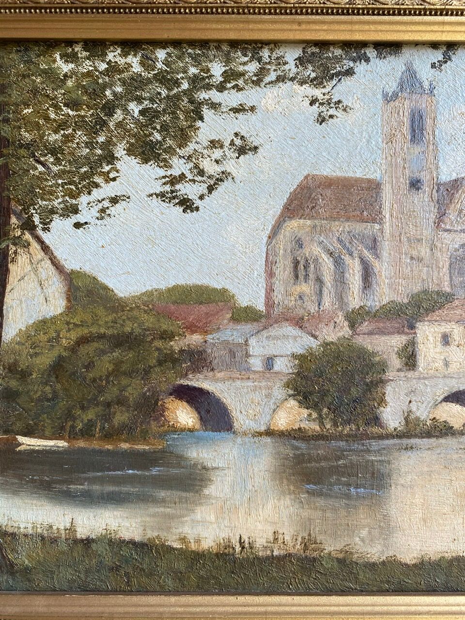 Ancient painting, landscape at the river signed and dated 1946