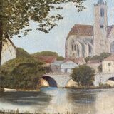 Ancient painting, landscape at the river signed and dated 1946