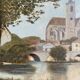 Ancient painting, landscape at the river signed and dated 1946