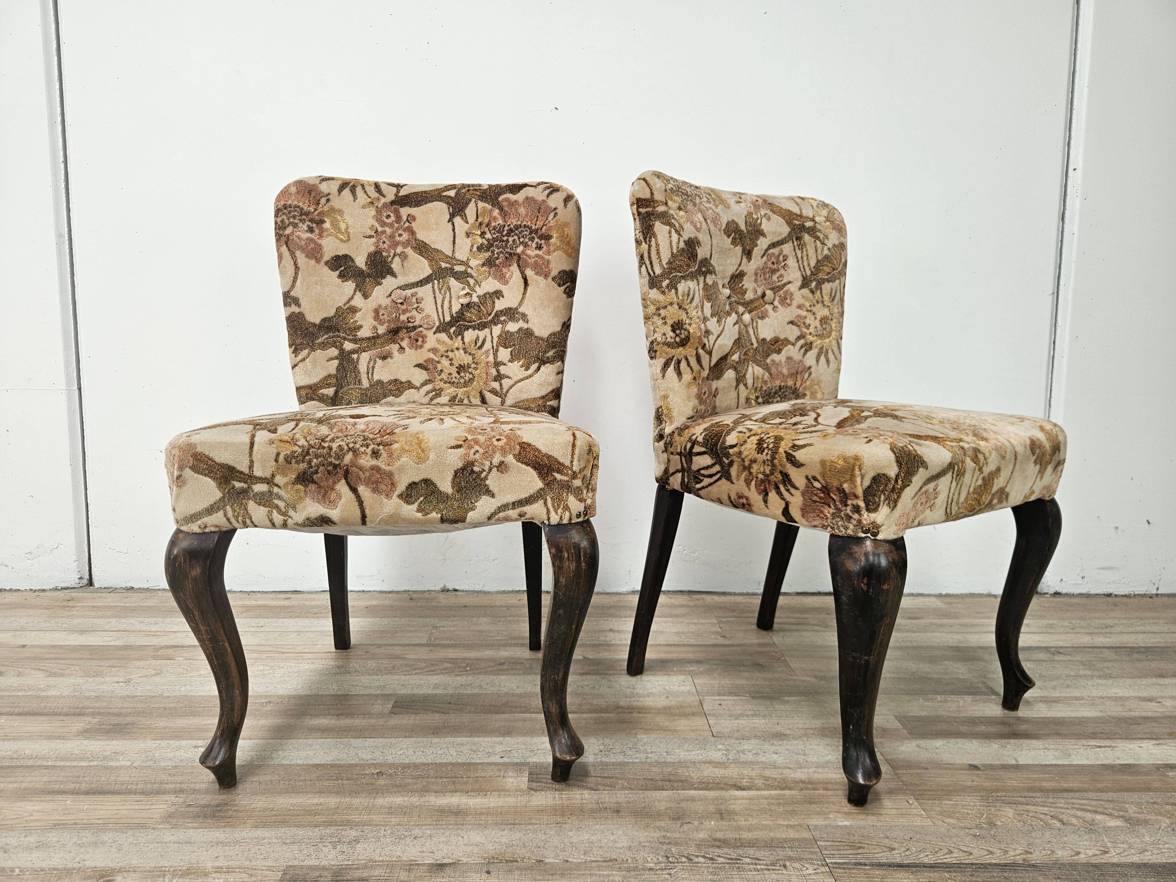 Pair of bedroom armchairs in walnut and fabric, 1960