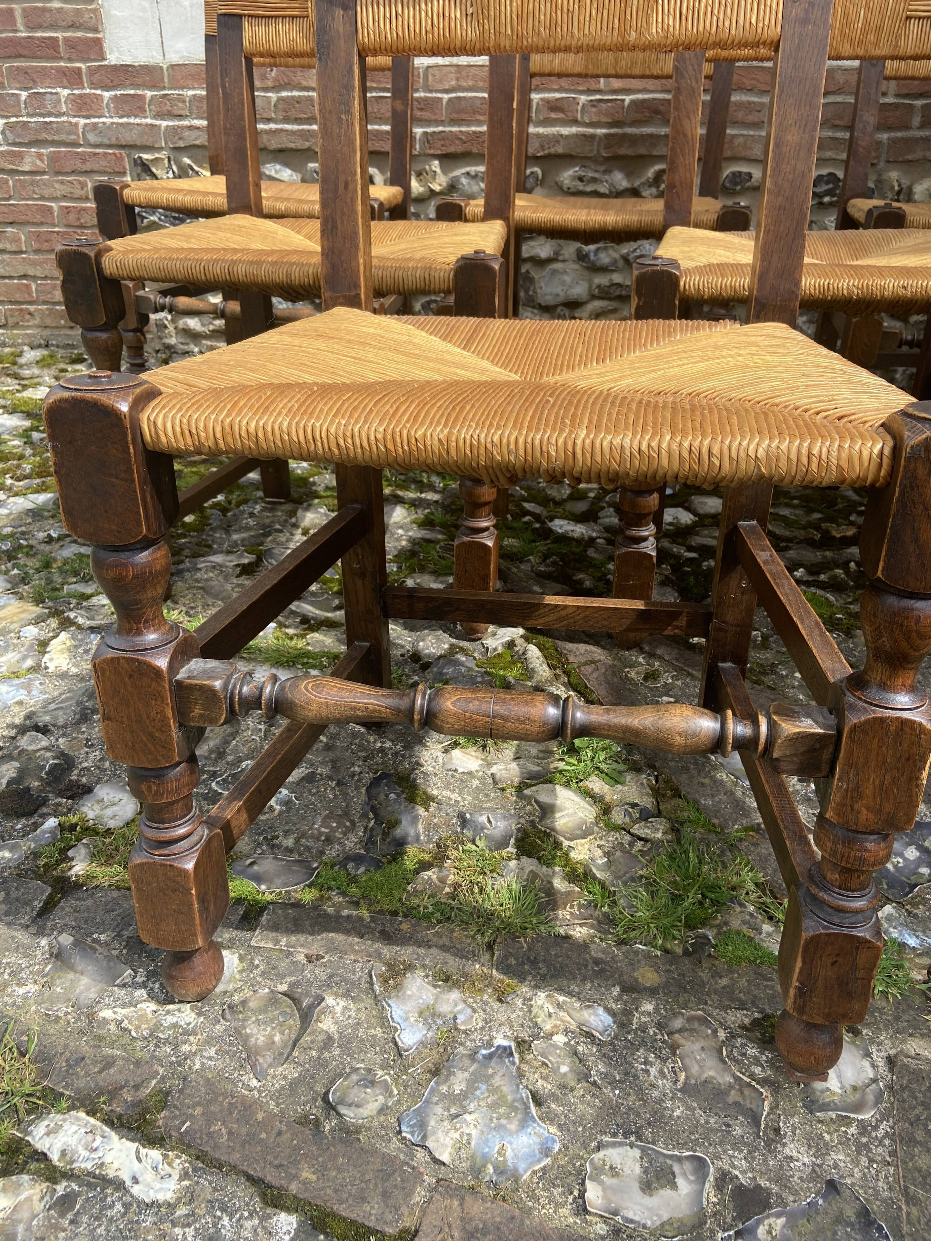 Six brutalist chairs straws and wood 60s