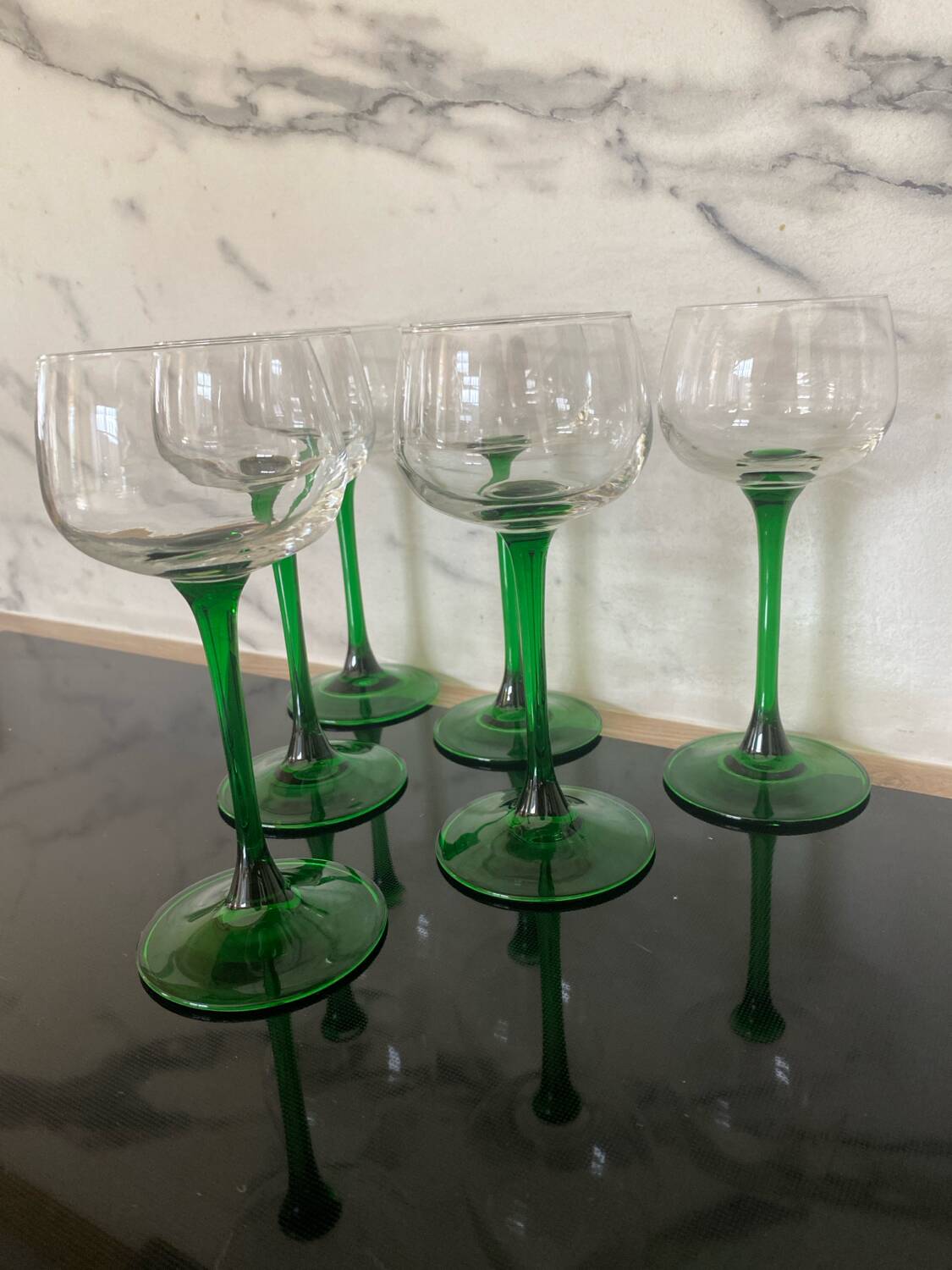 6 vintage green liqueur glasses from France