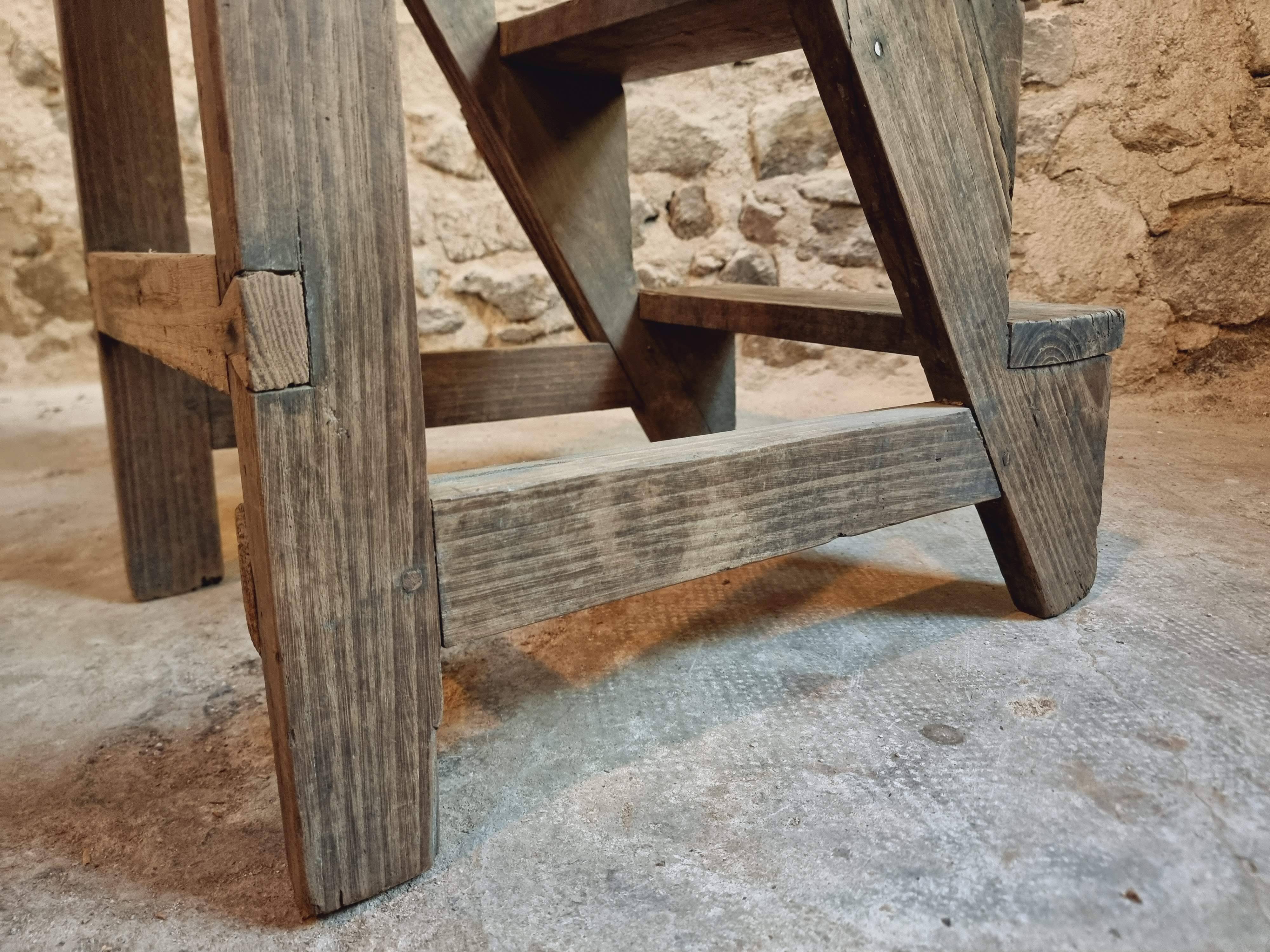 Antique chestnut wood workshop stepladder – France, early 1900s