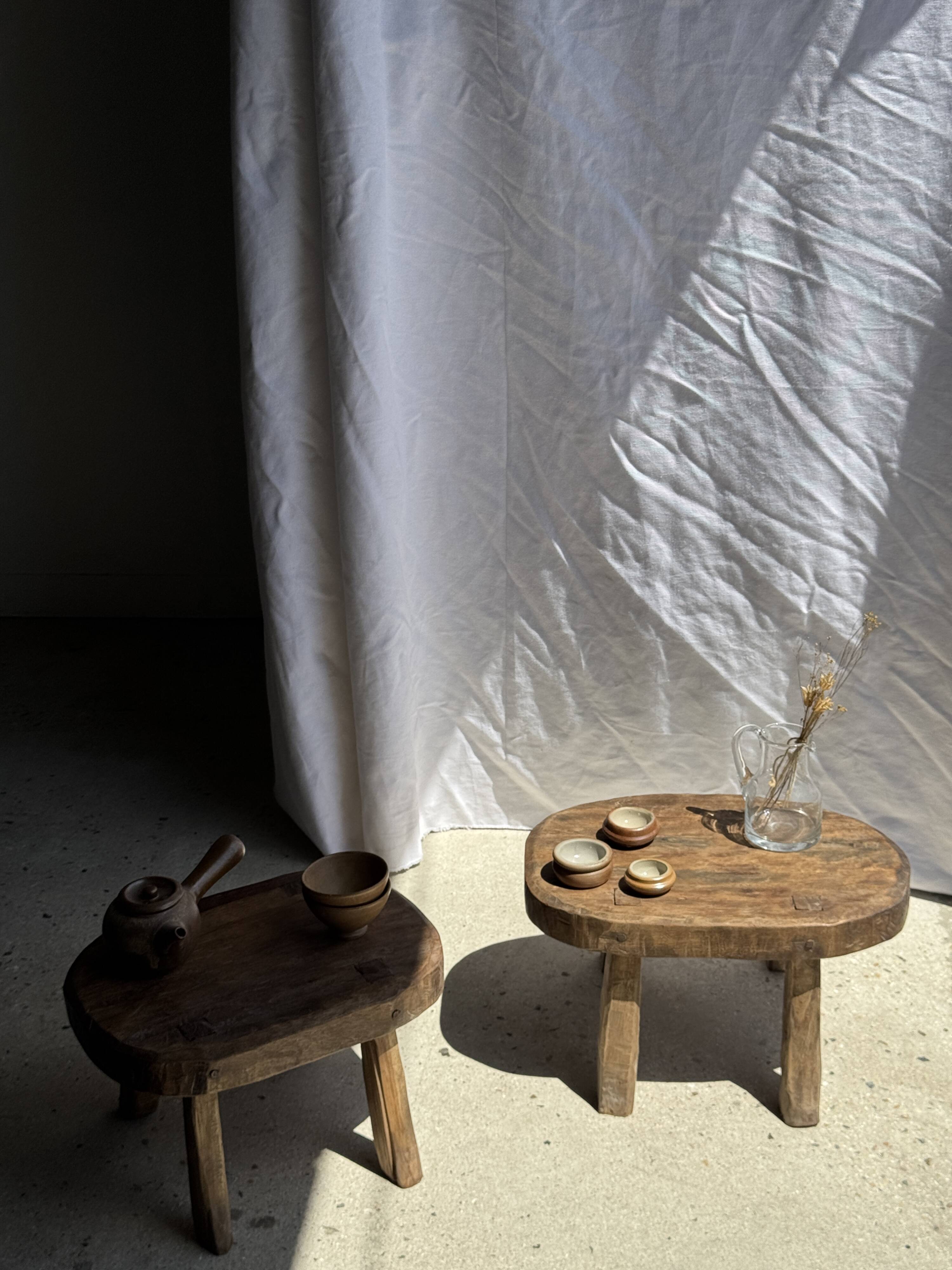 Small stool, oval solid teak accent stool with a two-tone seat.