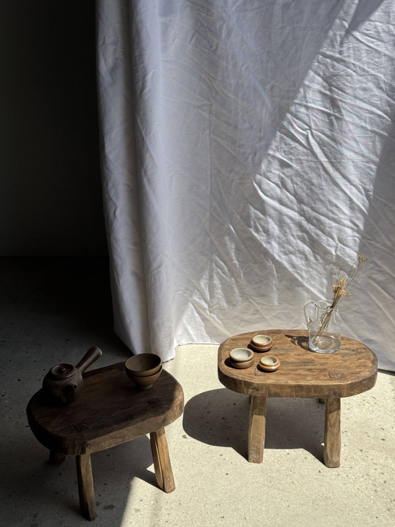 Small stool, oval solid teak accent stool with a two-tone seat.