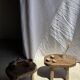 Small stool, oval solid teak accent stool with a two-tone seat.