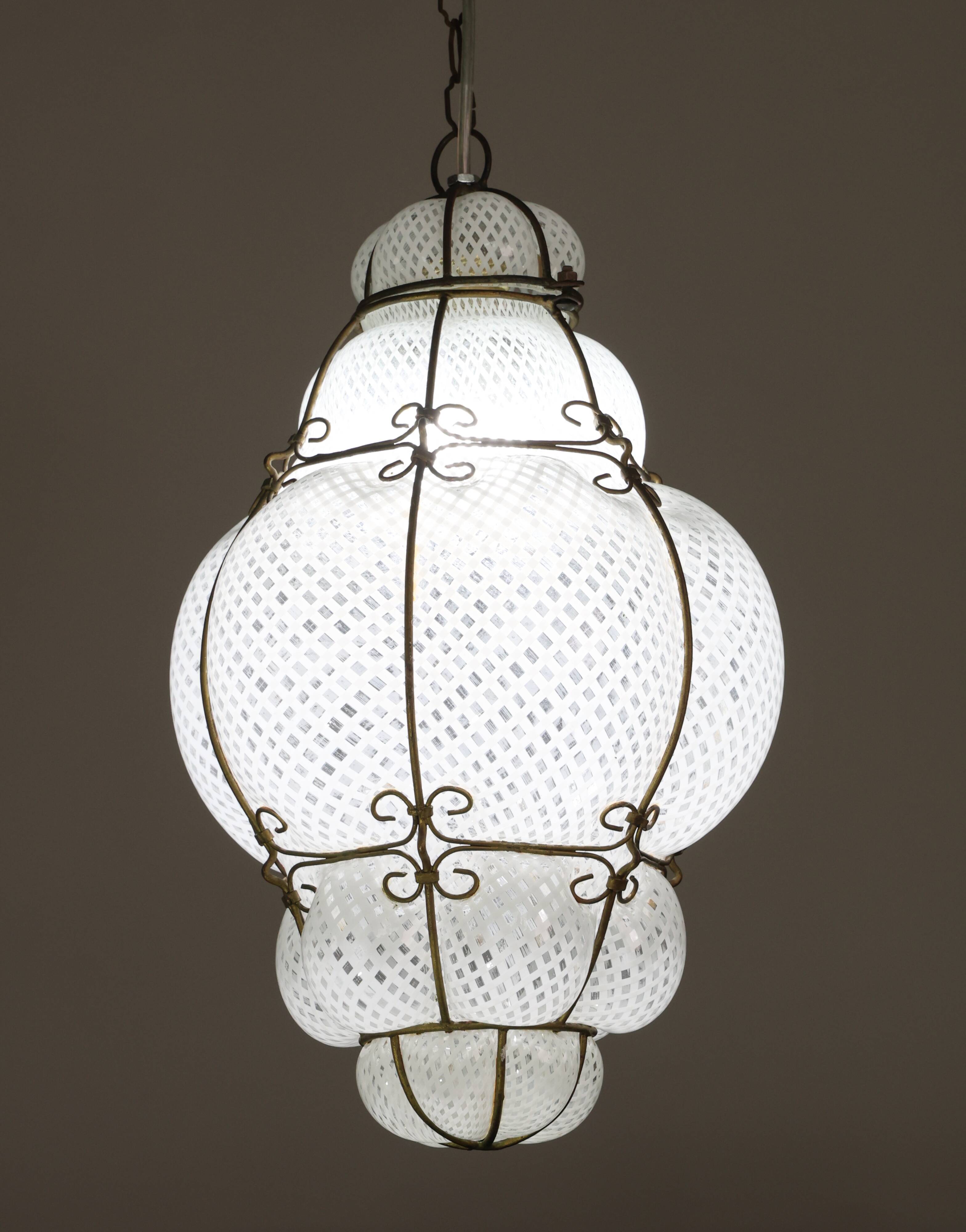 Amazing Large Venetian Lantern in Murano Reticello Glass, 1940s