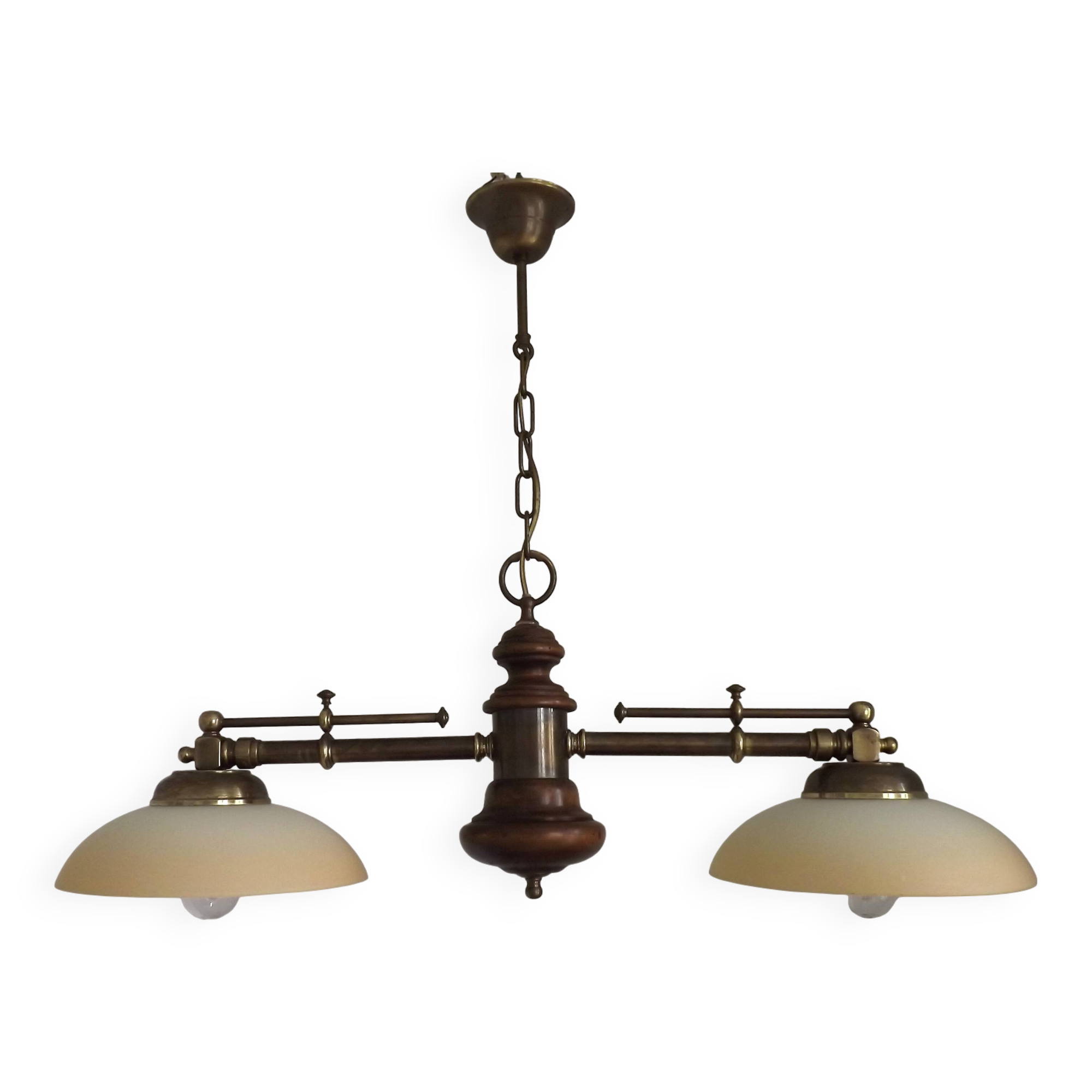 2 Light French Mid Century Extendable Billiard Light In Brass Wood & Glass