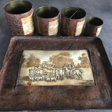 Old OFFICE kit Brass and LEATHER, 1 Tray with 4 Pots decoration HUNTING to RUN